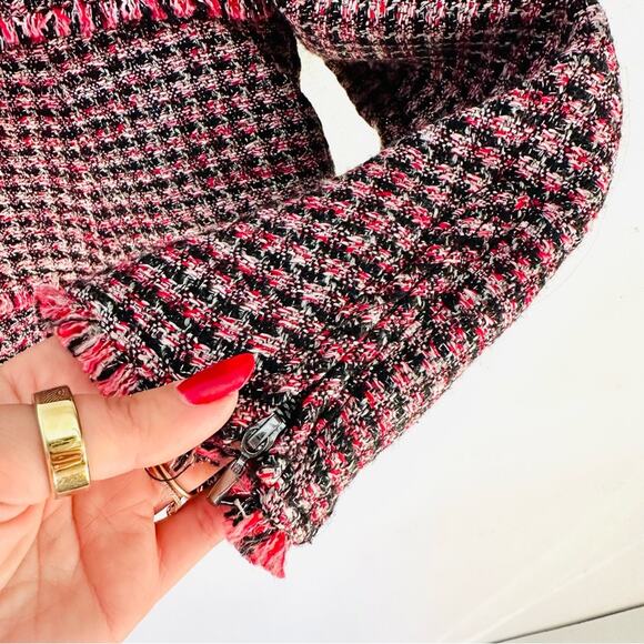 WHBM Pink Black Red Tweed Woven Peplum Ruffle Fringe Moto Zip Blazer Jacket 4 - Picture 13 of 15